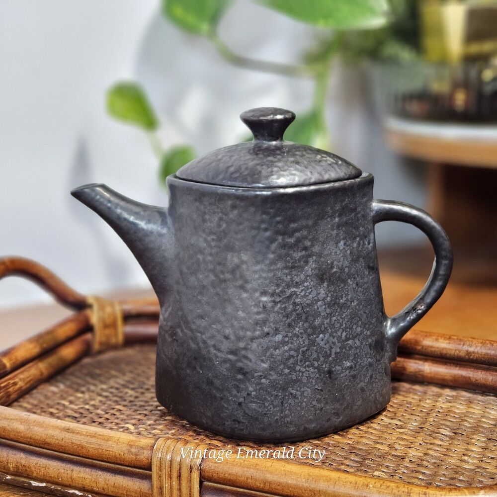 Vtg Designpac Triangular Brown Black Ceramic Teapot Melrose Park Stoneware Lid